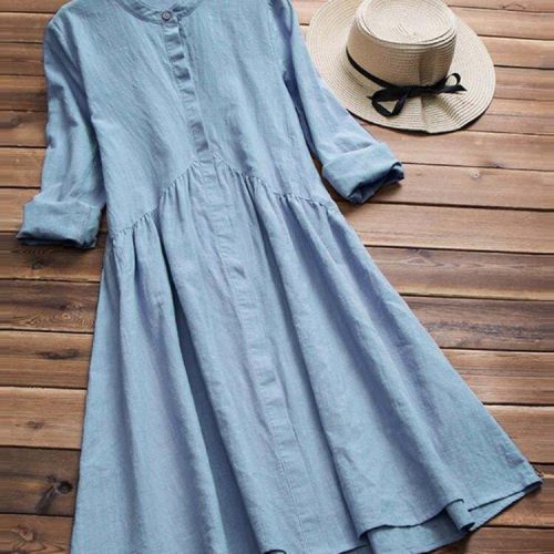 Women's Long Sleeve Tunics Long Shirt Dress A-Line Vintage Pleated Skater Dress SKUA23400