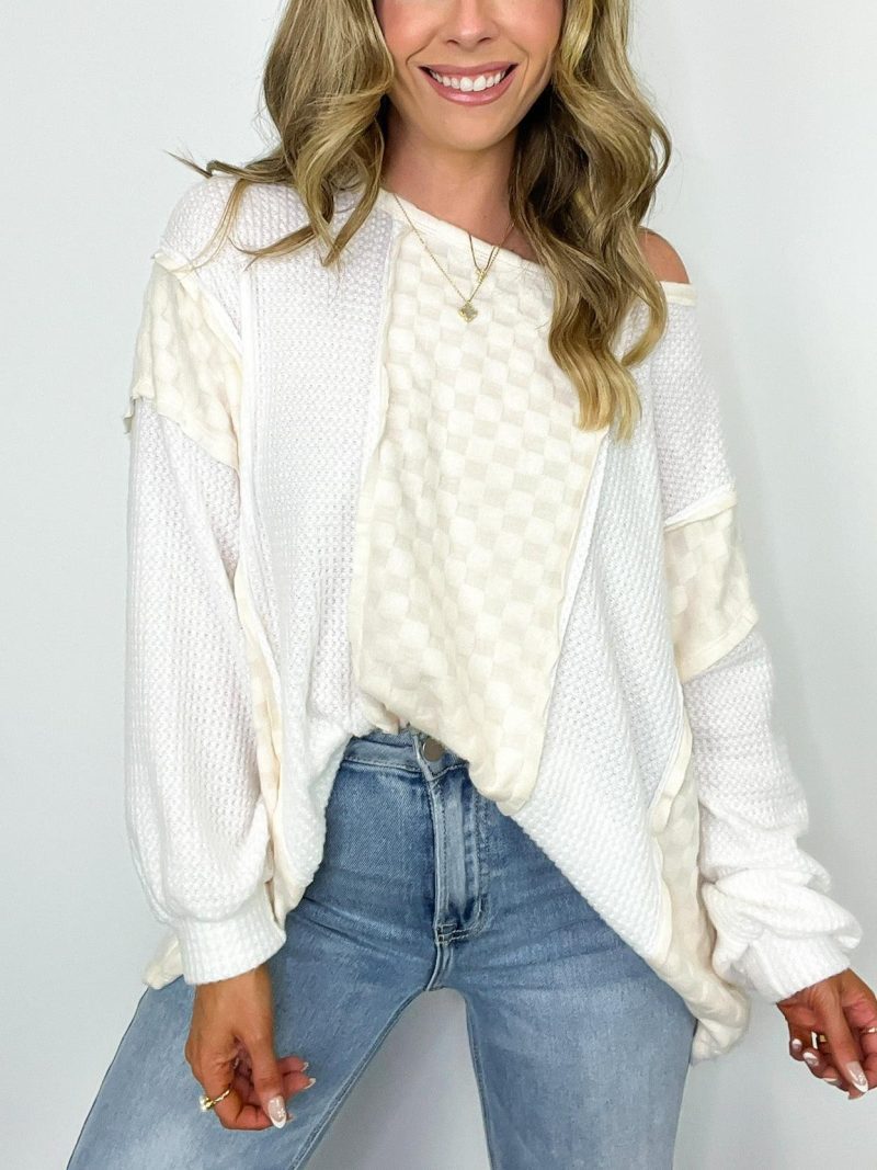 Ivory S Allie Brushed Check Waffle Knit yy